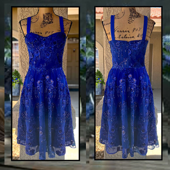 Dress the Population Sequins Electric Blue Adelina Fit & Flare Dress Size Small - Picture 6 of 10